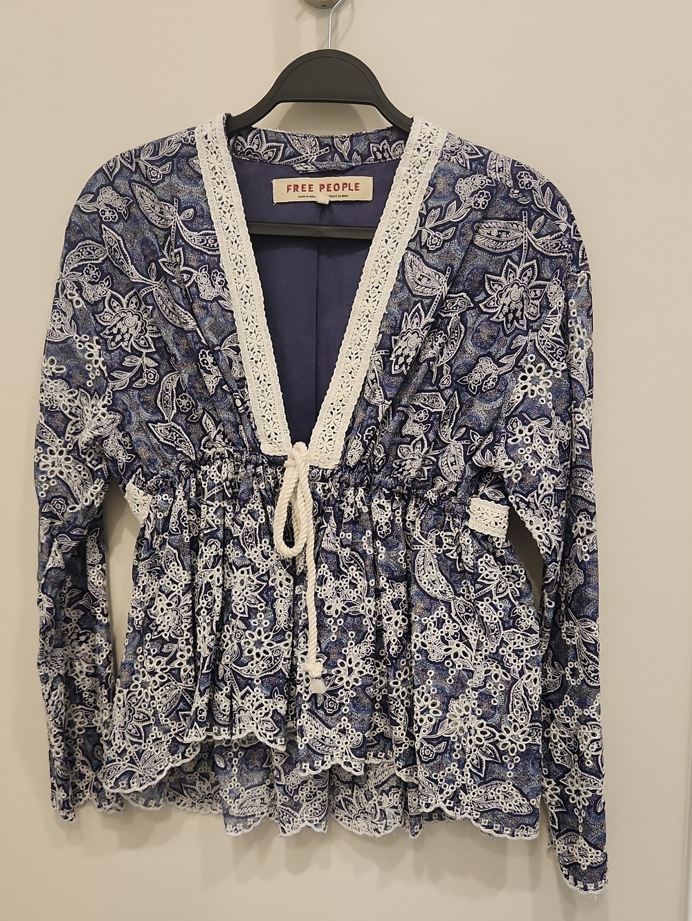 Free People Navy & White Printed Crochet-Trim Tie Peplum Top